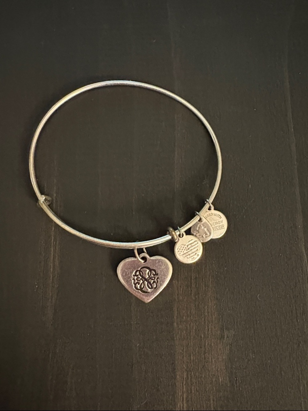 Alex and Ani Silver Heart Charm Bangle with Logo Discs